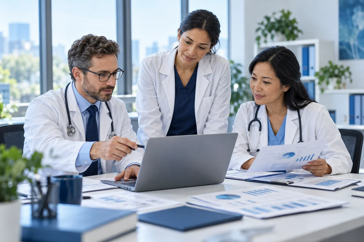 Doctors collaborating on clinical research data in a modern office